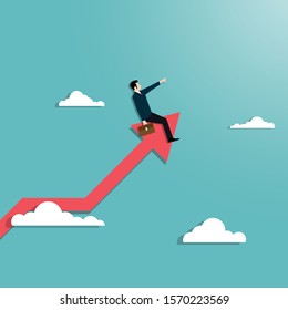 Businesman sitting on red arrow up to the successful with a sky and cloud background. Achievement, goal, career, Vector illustration flat