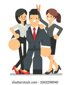 Businesman with two beauty young women taking a group photo. Vector character design flat style.