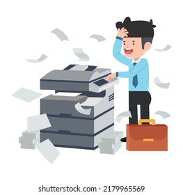 Businesman using copy machine and lot of paper documents