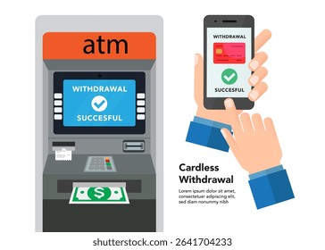 Businesman using the smart phone for cardless withdrawing the cash near the ATM stock illustration