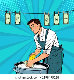 Businesman washes the dollar. Money laundering business concept. Vector illustration in pop art retro comic style