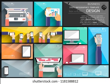 Business 10 Steps for Success -  Infographics Template Idea and concept design -Contact communicate -  Network Technology.
