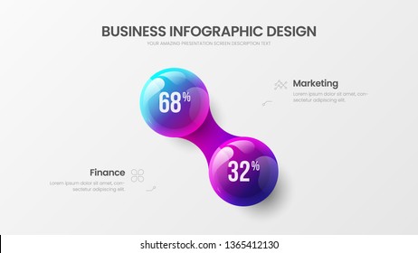 Business 2 option infographic presentation vector 3D colorful balls illustration. Corporate marketing analytics data report design layout. Company statistics information graphic visualization template
