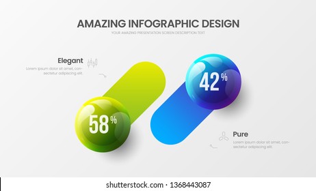 Business 2 option infographic presentation vector 3D colorful balls illustration. Corporate marketing analytics data report design layout. Company statistics information graphic visualization template