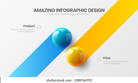 Business 2 option infographic presentation vector 3D colorful balls illustration. Corporate marketing analytics data report design layout. Company statistics information graphic visualization template