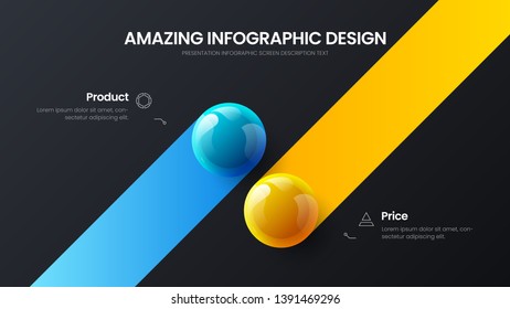 Business 2 option infographic presentation vector 3D colorful balls illustration. Corporate marketing analytics data report design layout. Company statistics information graphic visualization template