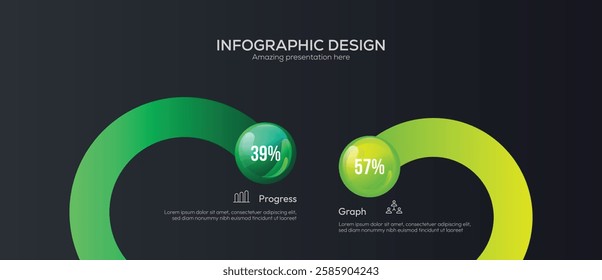 Business 2 option infographic presentation vector 3D colorful balls illustration. Two overlapping circles, each with a 3D glassmorphism effect, are the central focus. information graphic visualization