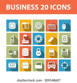 Business 20 color vector flat icons with shadows set. Different activity pictogram collection. Web UI symbol graphics material
