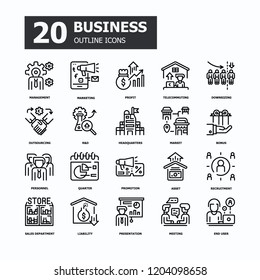 Business 20 Outline icons.Business and Finance Concept Thin line icons.