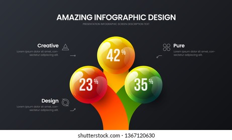 Business 3 option infographic presentation vector 3D colorful balls illustration. Corporate marketing analytics data report design layout. Company statistics information graphic visualization template