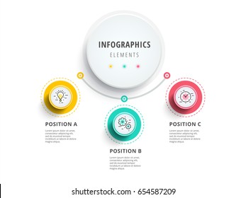 Business 3 step process chart infographics with step circles. Circular corporate graphic elements. Company presentation slide template. Modern vector info graphic layout design.