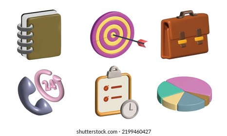 Business 3d Icon Set With Target Board, Briefcase, Piechart, Call Center