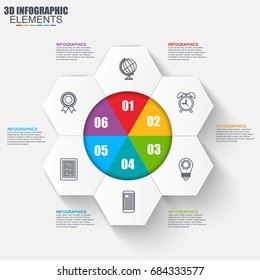 Business 3d infographics vector design template. Can be used for steps, concept with 6 options, parts or processes, workflow, graph, diagram, chart, annual report, marketing icons, info graphics.