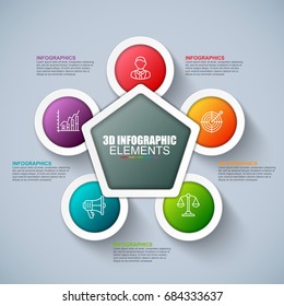 Business 3d infographics vector design template. Can be used for steps, concept with 5 options, parts or processes, workflow, graph, diagram, chart, annual report, marketing icons, info graphics.