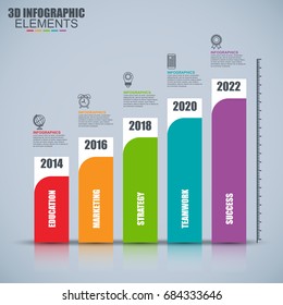 Business 3d infographics vector design template. Can be used for steps, concept with 5 options, parts or processes, workflow, graph, histogram, diagram, annual report, marketing icons, info graphics.