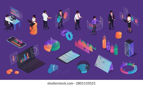 Business 3d isometric concept set. Flat isolated elements collection of businessman, office workplace, computer, graph, diagram, management, marketing, meeting, report, more. Vector illustration.