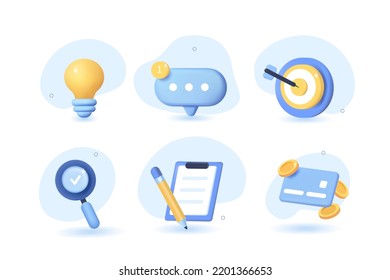 Business 3d realistic illustration and icon set.  Light bulb, target, magnifying glass, credit card with money and other corporate and finance design elements.  Vector illustration.