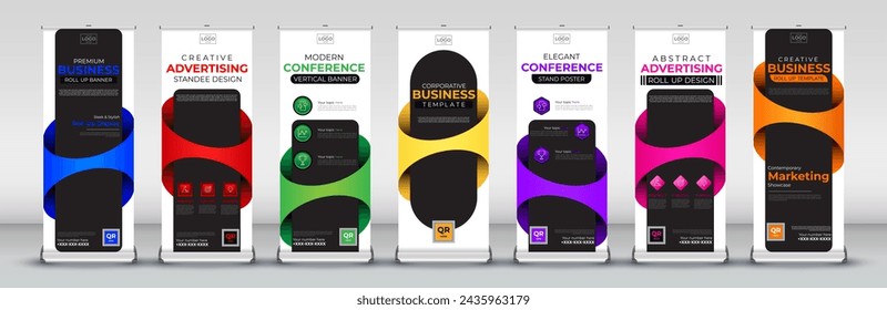 Business 3d roll up banner collection for events, annual meetings, presentations, marketing, promotions and brochure, covers in blue, red, green, yellow, purple, pink and orange