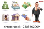 Business 3d vector icon set. Money bag, cash register, money, safe, bank, credit card, businessman