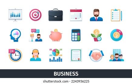 Business 3d vector icon set. Commerce, payments, insurance, business, deposits, finance, handshake. Realistic objects in 3D style