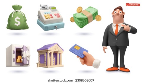 Business 3d vector icon set. Money bag, cash register, money, safe, bank, credit card, businessman - Shutterstock ID 2308602009