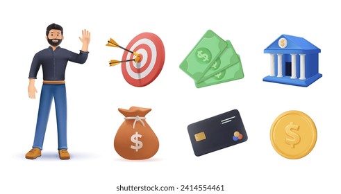 Business 3d vector icon set. Business target, coin, money bag, credit card, money, bank, businessman. Render vector objects isolated on white. Collection of financial investment UI illustrations