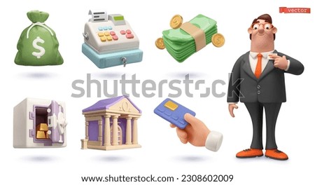 Business 3d vector icon set. Money bag, cash register, money, safe, bank, credit card, businessman