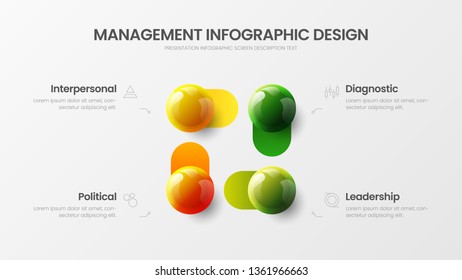 Business 4 option infographic presentation vector 3D colorful balls illustration. Corporate marketing analytics data report design layout. Company statistics information graphic visualization template