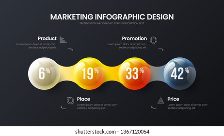 Business 4 option infographic presentation vector 3D colorful balls illustration. Corporate marketing analytics data report design layout. Company statistics information graphic visualization template