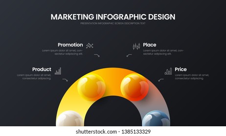 Business 4 option infographic presentation vector 3D colorful balls illustration. Corporate marketing analytics data report design layout. Company statistics information graphic visualization template