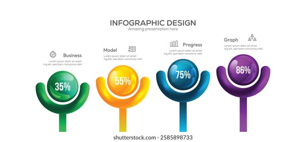 Business 4 option infographic presentation vector 3D colorful balls illustration. four circular elements with a 3D glassmorphism or neomorphism effect, Horizontal Process Visualization