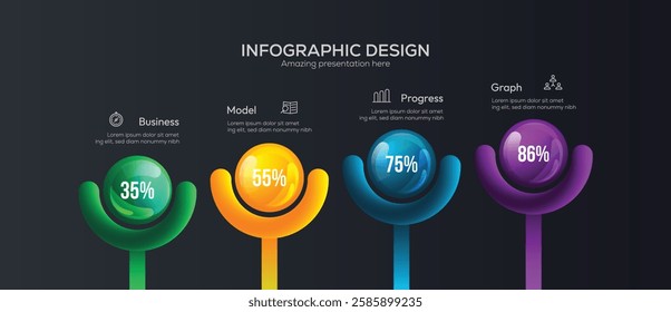 Business 4 option infographic presentation vector 3D colorful balls illustration. four circular elements with a 3D glassmorphism or neomorphism effect, Horizontal Process Visualization