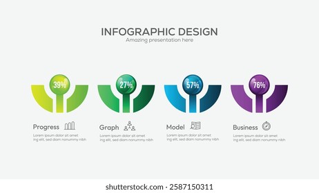 Business 4 option infographic presentation vector 3D colorful balls illustration. Informative circular process infographic chart for business startup demonstration. Modern infographic design
