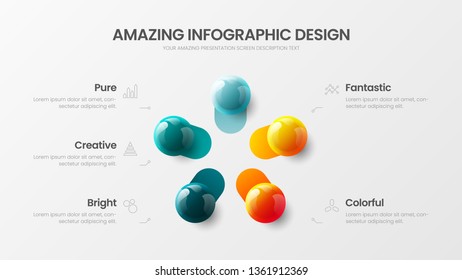 Business 5 option infographic presentation vector 3D colorful balls illustration. Corporate marketing analytics data report design layout. Company statistics information graphic visualization template