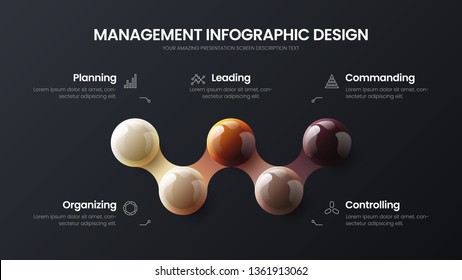 Business 5 option infographic presentation vector 3D colorful balls illustration. Corporate marketing analytics data report design layout. Company statistics information graphic visualization template