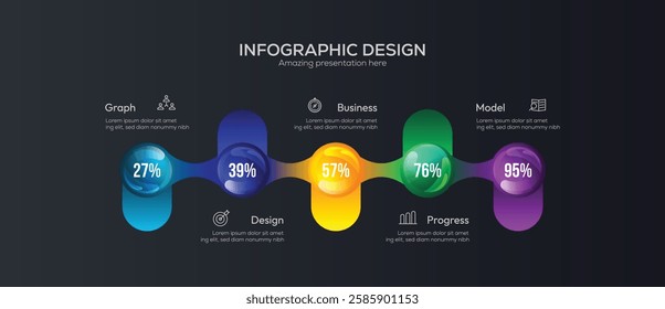 Business 5 option infographic presentation vector 3D colorful balls illustration. 5 Stage Circular Diagram, Business Development Process, Horizontal Process Infographic