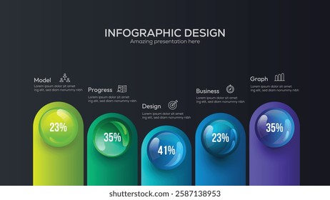 Business 5 option infographic presentation vector 3D colorful balls illustration five steps infographic are arranged vertically creating a clear timeline flow from top to bottom. Dark Background