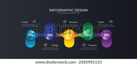 Business 5 option infographic presentation vector 3D colorful balls illustration. 5 Stage Circular Diagram, Business Development Process, Horizontal Process Infographic