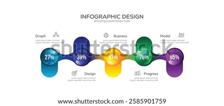 Business 5 option infographic presentation vector 3D colorful balls illustration. 5 Stage Circular Diagram, Business Development Process, Horizontal Process Infographic