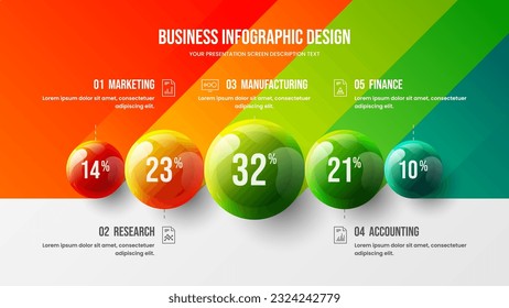 Business 5 Optionen Infografik Präsentation Vektorgrafik bunten Bälle Illustration. Corporate Marketing Analytics-Datenlayout. Bildmaterial für die Unternehmensstatistik