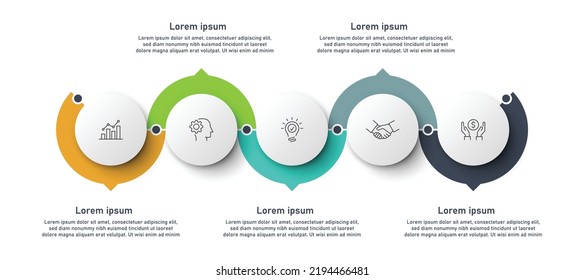 Business 5 step infographic design with modern elements, curvy line design, ciculer design vector illustration. EPS 10 design