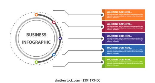 Business 5 step process chart infographics with step circles. Circular corporate graphic elements. Company presentation slide template. Modern vector info graphic layout design