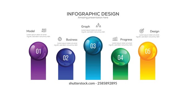 Business 5 Step Process infographic presentation vector 3D colorful balls illustration. infographic design featuring a horizontal timeline or process flow. 5 stage Business Development Timeline.