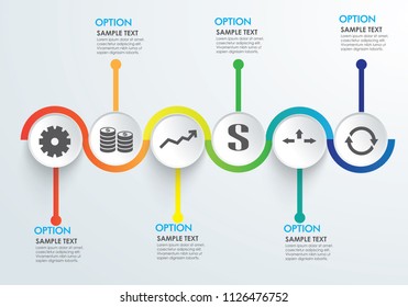 Business 6 step process chart infographics with step circles. Circular corporate graphic elements. Company presentation slide template. Modern vector info graphic layout design.