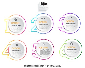 Business 6 step process chart infographics with step circles. Circular corporate graphic elements. Company presentation slide template. Modern vector info graphic layout design.