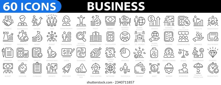 Business 60 icon set. Business team, finance, teamwork, startup, management, businessman, success, strategy and more. Vector illustration.