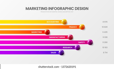 Business 7 Option Infographic Presentation Vector 3D Colorful Balls Illustration. Corporate Marketing Analytics Report Horizontal Bar Chart Design Layout. Statistics Graphic Visualization Template.