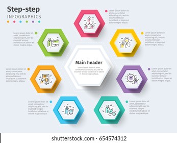 Business 7 step process chart infographics with step circles. Bright corporate graphic elements. Company presentation slide template. Modern vector info graphic layout design.