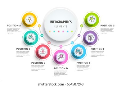 Business 7 Step Process Chart Infographics With Step Circles. Circular Corporate Graphic Elements. Company Presentation Slide Template. Modern Vector Info Graphic Layout Design.