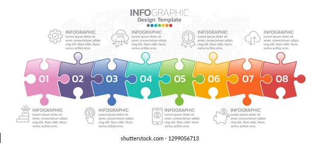 Business 8 step process chart infographics with step circles. 